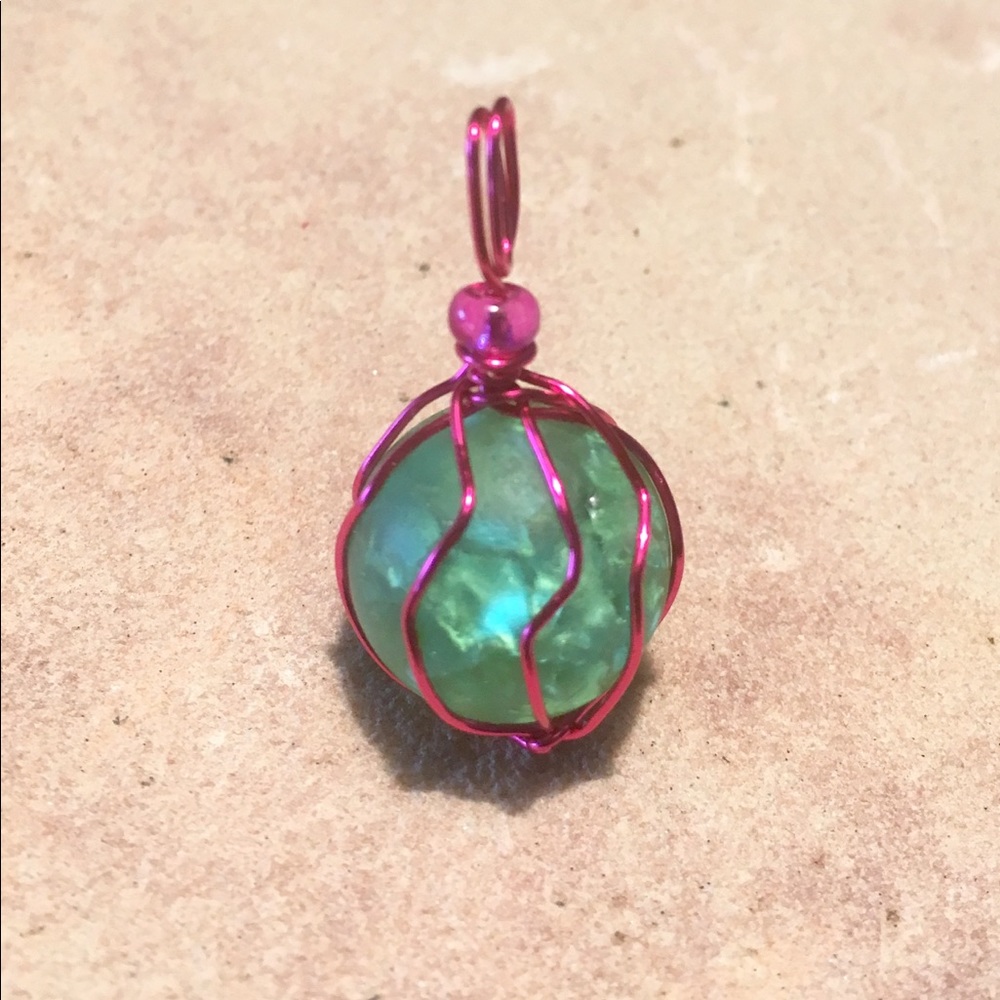 Hand Crafted Glass Marble Pendant Frosted Crackled Green Pink